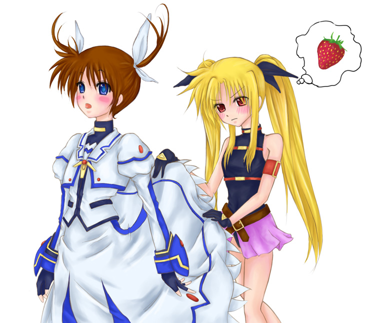 blonde_hair blue_eyes blush brown_hair fate_testarossa fingerless_gloves food fruit gloves hair_ribbon long_hair lyrical_nanoha mahou_shoujo_lyrical_nanoha multiple_girls nanoha red_eyes ribbon skirt skirt_lift spoken_food strawberry takamachi_nanoha twintails very_long_hair watercolormark