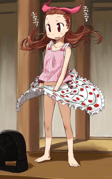 barefoot blush_stickers bow brown_eyes brown_hair electric_fan fanning_crotch feet hair_bow idolmaster long_hair lowres midriff minase_iori open_mouth panties pink_panties skirt skirt_lift solo standing striped striped_panties teen ttomm underwear wind_lift