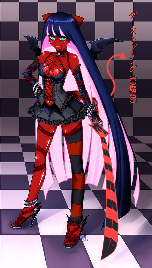 al_bhed_eyes alternate_costume antaria blue_eyes breasts chocker cleavage corruption corset dark_persona demon_girl demon_wings earrings gloves gothic_lolita halo high_heels jewelry large_breasts lolita_fashion long_hair navel panty_&amp;_stocking_with_garterbelt red_skin shoes single_thighhigh smile solo spoilers stocking_(character) stocking_(psg) striped striped_thighhighs sword tail thigh-highs thighhighs very_long_hair weapon wings