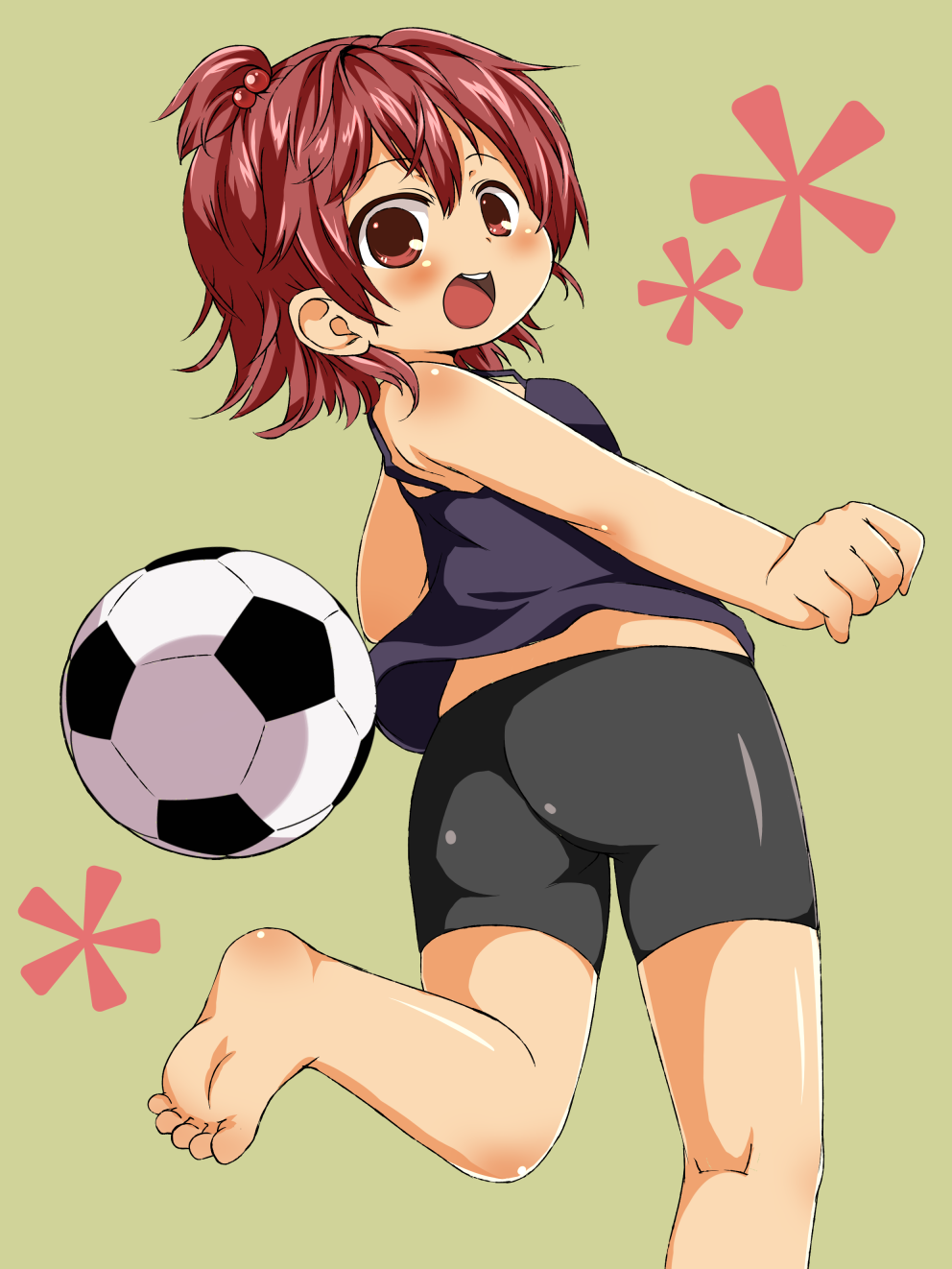 bad_id ball barefoot bike_shorts blush feet hair_bobbles hair_ornament high_ponytail highres kneepits marui_futaba mitsudomoe red_eyes red_hair redhead rihhi short_hair soccer_ball tank_top telstar