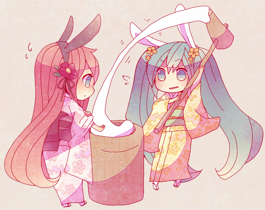 animal_ears bunny_ears flower food hair_flower hair_ornament hatsune_miku japanese_clothes kimono long_hair mallet megurine_luka mochi multiple_girls niwako obi simple_background twintails very_long_hair vocaloid wagashi