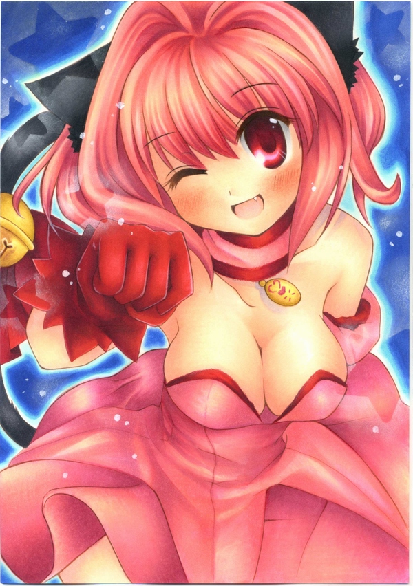 animal_ears bell blush breasts cat_ears cat_tail choker cleavage clenched_hand copics fang fist gloves large_breasts leaning_forward marker_(medium) mew_ichigo millipen_(medium) momomiya_ichigo open_mouth pastel_(medium) pink_hair shinonome86 short_hair smile solo tail tokyo_mew_mew traditional_media wink