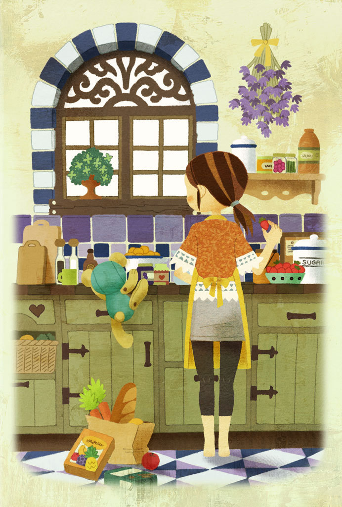 apron baguette barefoot bottle bread brown_hair carrot chopping_board cup floor flower food from_behind fruit kitchen kneepits original ponytail sebascha standing strawberry stuffed_animal stuffed_toy teddy_bear tomato