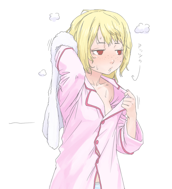 blush drying ebinera face freckles hair_down idolmaster idolmaster_dearly_stars open_clothes open_shirt pajamas panties red_eyes shirt short_hair steam striped striped_panties suzuki_ayane sweat towel underwear wet