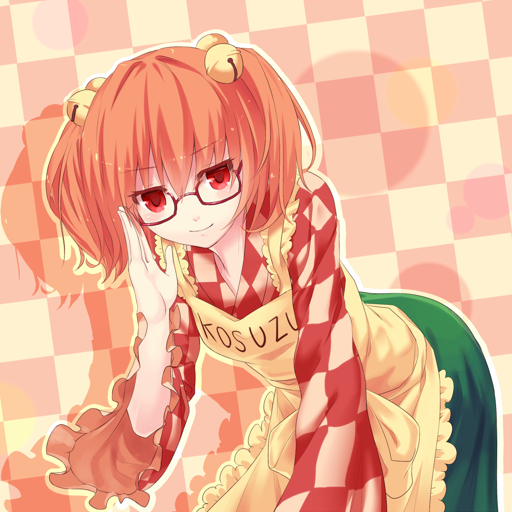 1girl apron bell blush checkered checkered_background glasses hair_bell hair_ornament jingle_bell leaning_forward looking_at_viewer masa07240 motoori_kosuzu orange_hair red-framed_glasses red_eyes short_hair smile solo touhou twintails