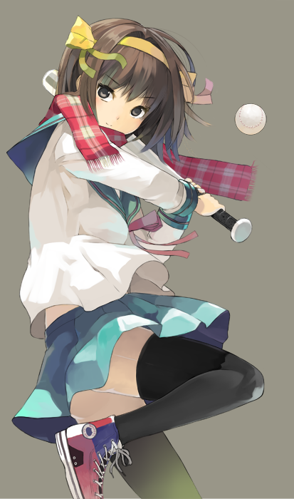 baseball baseball_bat hair_ribbon nauribon ribbon scarf school_uniform skirt smile solo suzumiya_haruhi suzumiya_haruhi_no_yuuutsu thigh-highs thighhighs wind_lift