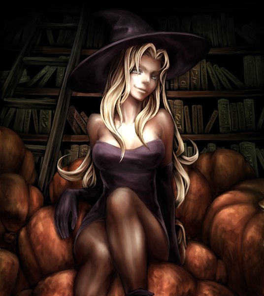 blonde_hair book curvy dark deneb_rove elbow_gloves erect_nipples gloves hat legs library lips long_hair nabe_(crow's_head) nabe_(crow's_head) naughty_face pantyhose pumpkin sitting tactics_ogre witch_(tactics_ogre) witch_hat