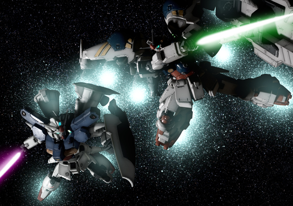 blue_eyes energy_sword gundam gundam_0083 gundam_gp-01_full_vernian_zephyranthes gundam_gp-02_physalis mecha robographer shield space sword weapon