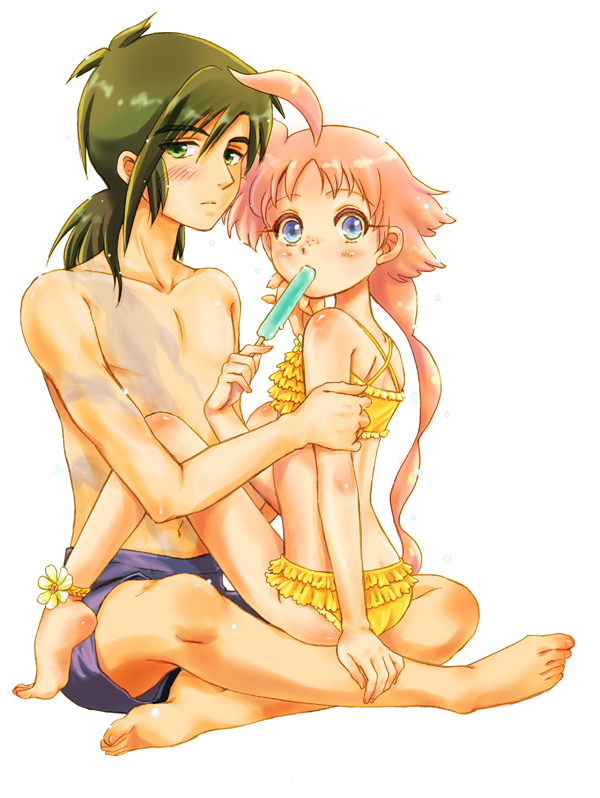 1girl ahiru ahoge barefoot bikini blue_eyes blush face fakir feet flower freckles frilled_bikini frills green_eyes long_hair markings nijimasu popsicle princess_tutu red_hair redhead scar shirtless swimsuit