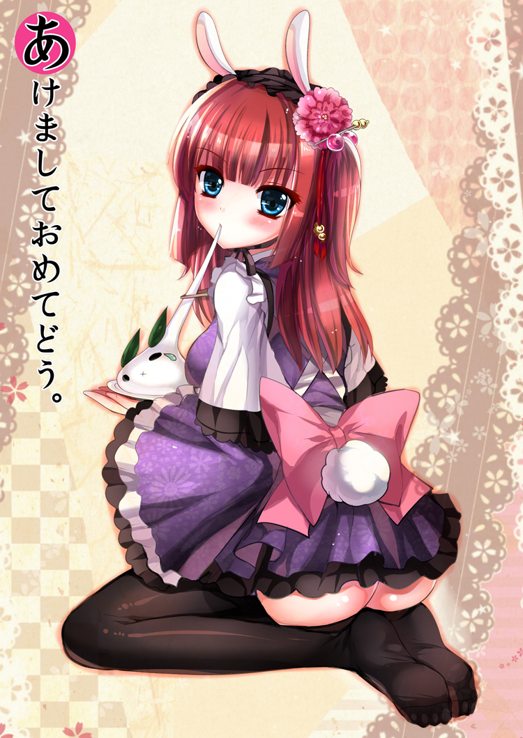 akeome animal_ears ass black_legwear black_thighhighs blue_eyes blush bow bunny_ears bunny_tail eating feet flower hair_flower hair_ornament hairband japanese_clothes large_bow long_hair new_year pink_hair red_hair redhead ribbon sadakofxe solo tail tears thigh-highs thighhighs translated umineko_no_naku_koro_ni ushiromiya_ange