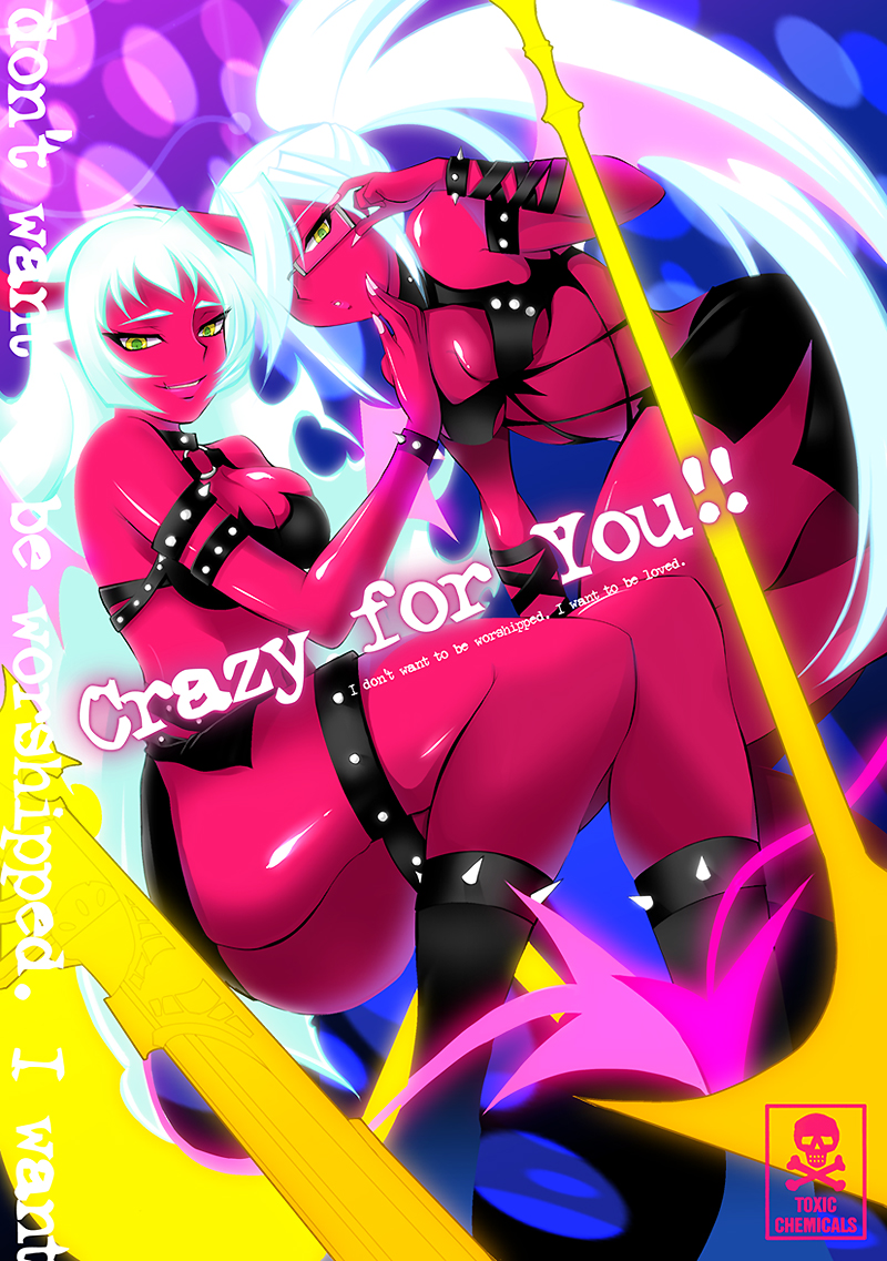 ass breasts cleavage demon_girl double_gold_lacytanga double_gold_spandex english glasses grin hair_over_one_eye horns kneesocks_(character) kneesocks_(psg) long_hair multiple_girls panty_&amp;_stocking_with_garterbelt pink_skin ponytail scanty scanty_(psg) smile teramoto_kaoru white_hair yellow_eyes