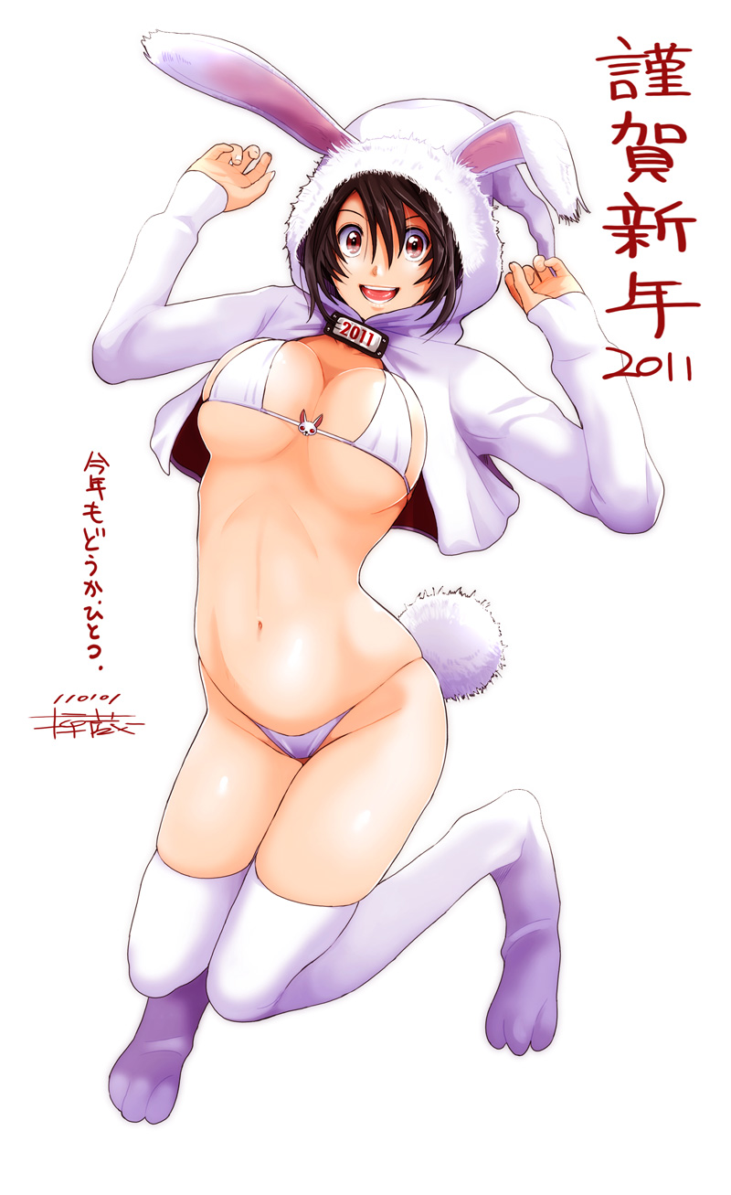 2011 bikini black_hair breasts bunny_ears bunny_girl bunny_higgins cleavage highres hood hoodie large_breasts navel open_mouth original red_eyes ryouzou short_hair signature simple_background smile solo string_bikini swimsuit thigh-highs thighhighs white_legwear white_thighhighs