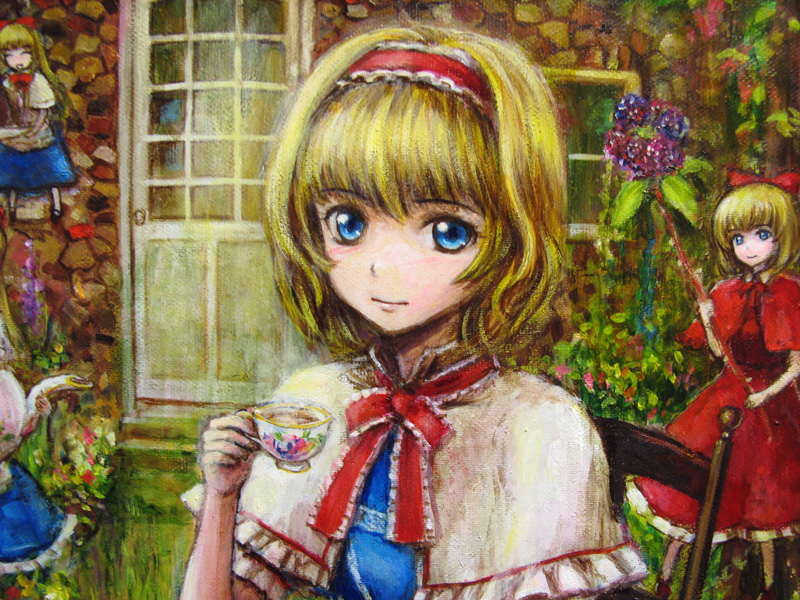 alice_margatroid blonde_hair blue_eyes bow capelet chair cup doll door hair_bow hairband hourai hourai_doll shanghai shanghai_doll short_hair sitting smile solo tafuto tea teapot touhou