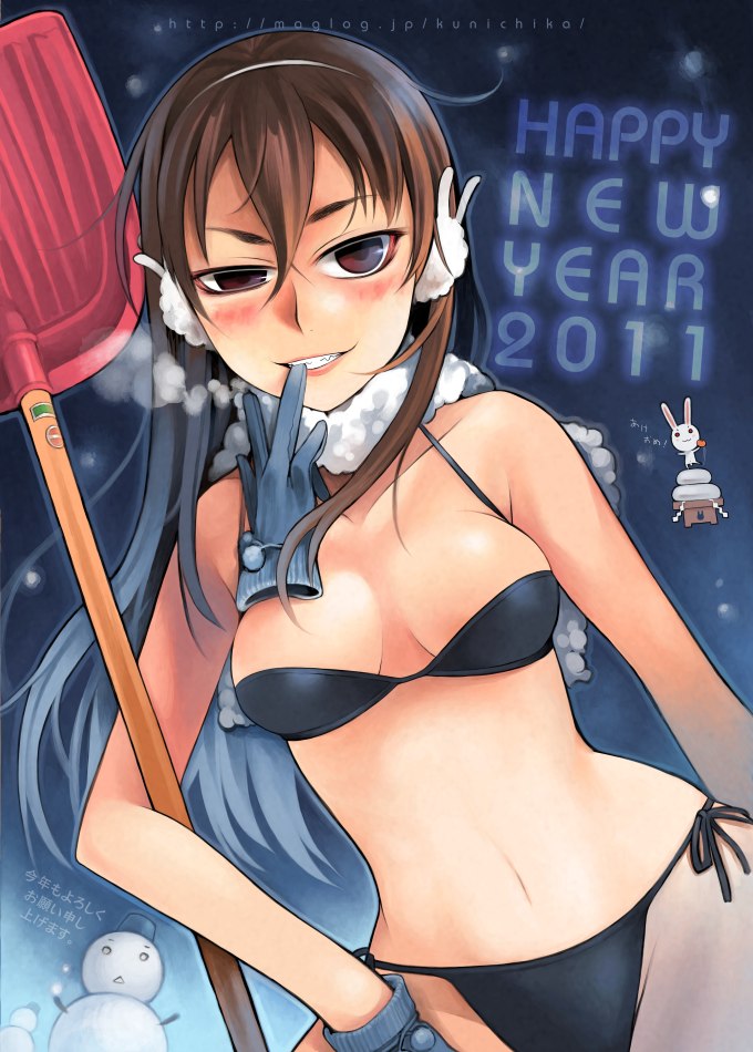 2010 2011 bikini blush breasts brown_hair bunny bunny_earmuffs cold earmuffs gloves grin happy_new_year kunichika long_hair new_year original rabbit red_eyes shovel side-tie_bikini single_glove smile snowman solo swimsuit translated vapors worktool