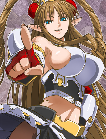1girl blue_eyes breasts detached_sleeves elf fingerless_gloves gloves haruyama large_breasts long_hair midriff navel neige_hausen no_bra pointing pointy_ears solo super_robot_wars super_robot_wars_og_saga_mugen_no_frontier super_robot_wars_og_saga_mugen_no_frontier_exceed very_long_hair