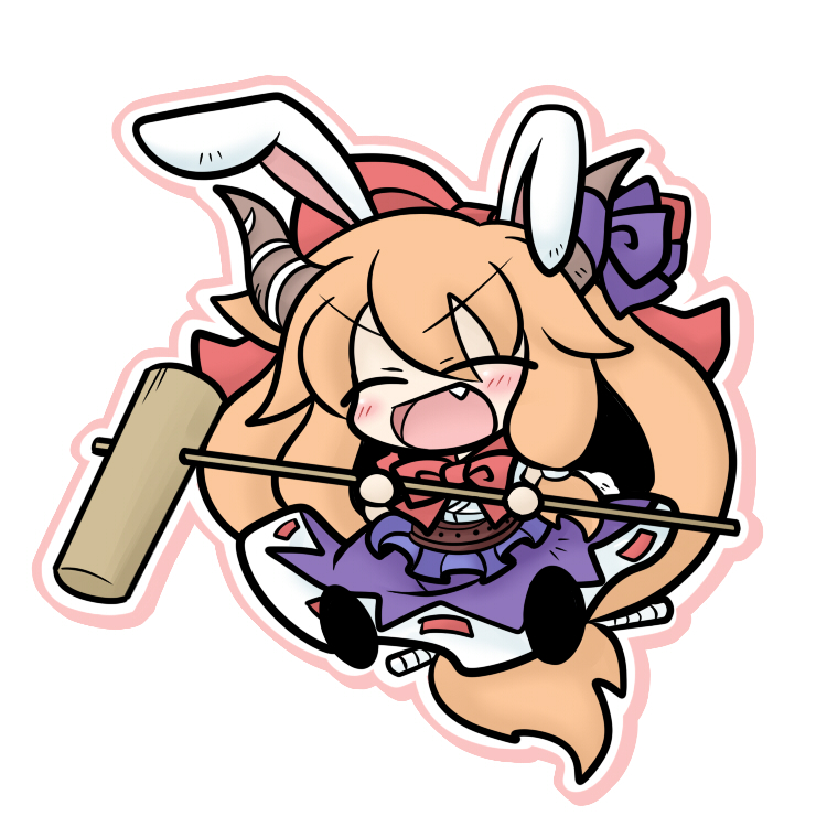 ^_^ animal_ears blush bunny_ears chibi closed_eyes fang horns ibuki_suika mallet orange_hair solo touhou yanagi_(artist) yanagi_(nurikoboshi)