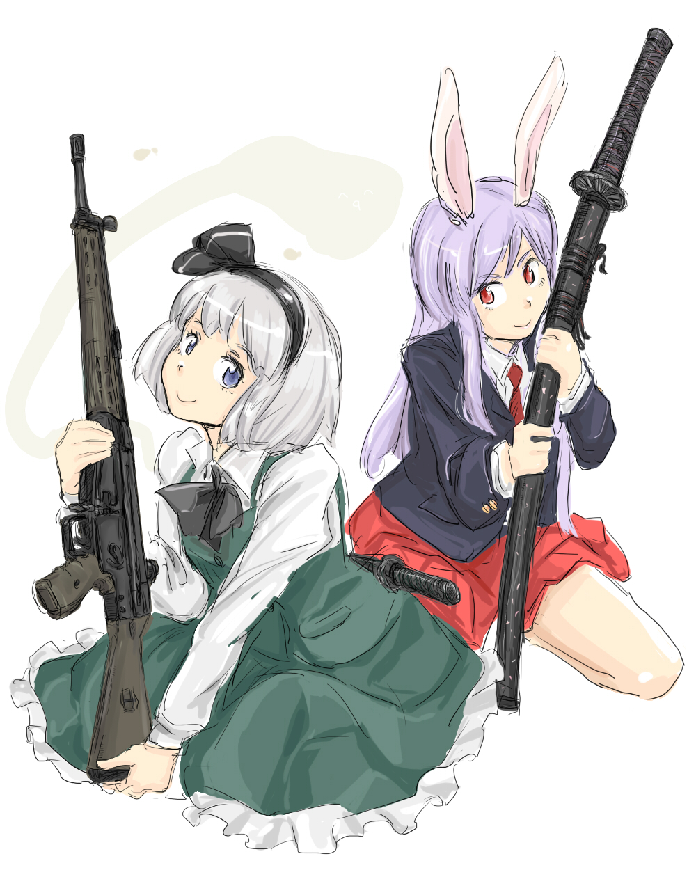 animal_ears assault_rifle battle_rifle bunny_ears g3 gun heckler_&amp;_koch highres katana konpaku_youmu michael-x multiple_girls reisen_udongein_inaba rifle role_reversal scabbard sheath sitting sketch sword touhou weapon