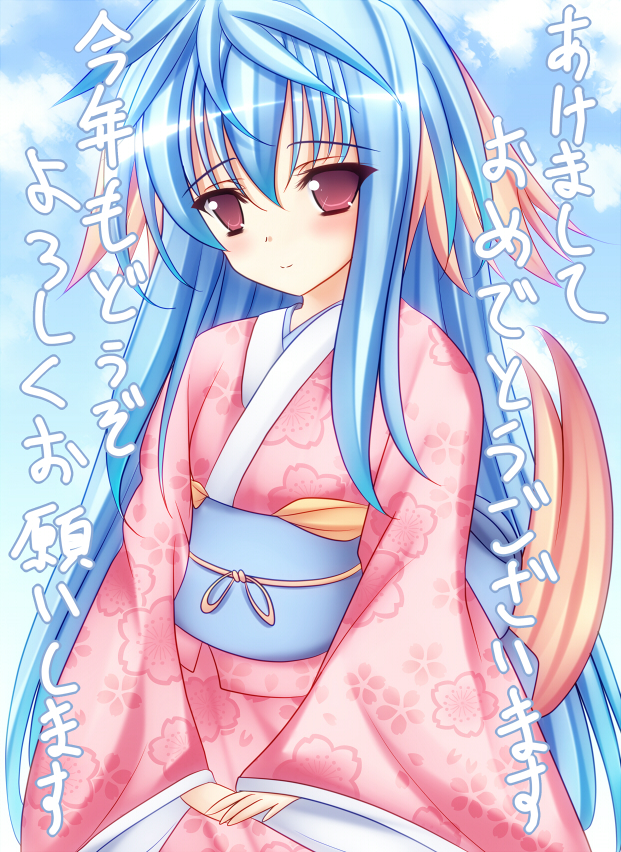 blush check_translation furisode japanese_clothes kimono long_hair mikan_(5555) multicolored_hair new_year nursery_rhyme red_eyes shikishima_krile solo translated two-tone_hair yukata