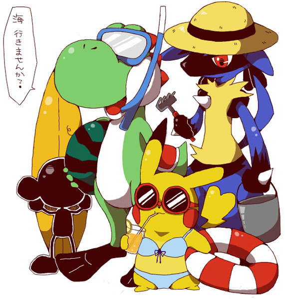 1boy 3others amekawaao aura_(specie) bikini bucket clothed_pokemon creatures_(company) dinosaur diving_mask female food fruit game_&amp;_watch game_freak gen_1_pokemon gen_4_pokemon hat innertube lucario male super_mario_bros. mouse mr._game_&amp;_watch nintendo nintendo_ead olm_digital pikachu pikachu_libre pokemon pokemon_(creature) pokemon_(game) pokemon_dppt pokemon_rgby sexual_dimorphism sora_(company) summer sunglasses super_mario_bros. super_smash_bros. super_smash_bros._ultimate super_smash_bros_64 super_smash_bros_brawl super_smash_bros_melee surfboard swimsuit watermelon yoshi yoshi's_island