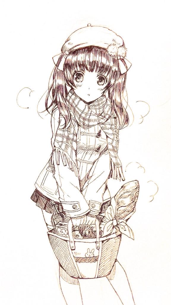 1girl basket beverage blush food georgette_lemare hat monochrome pomery ribbon solo strike_witches twintails