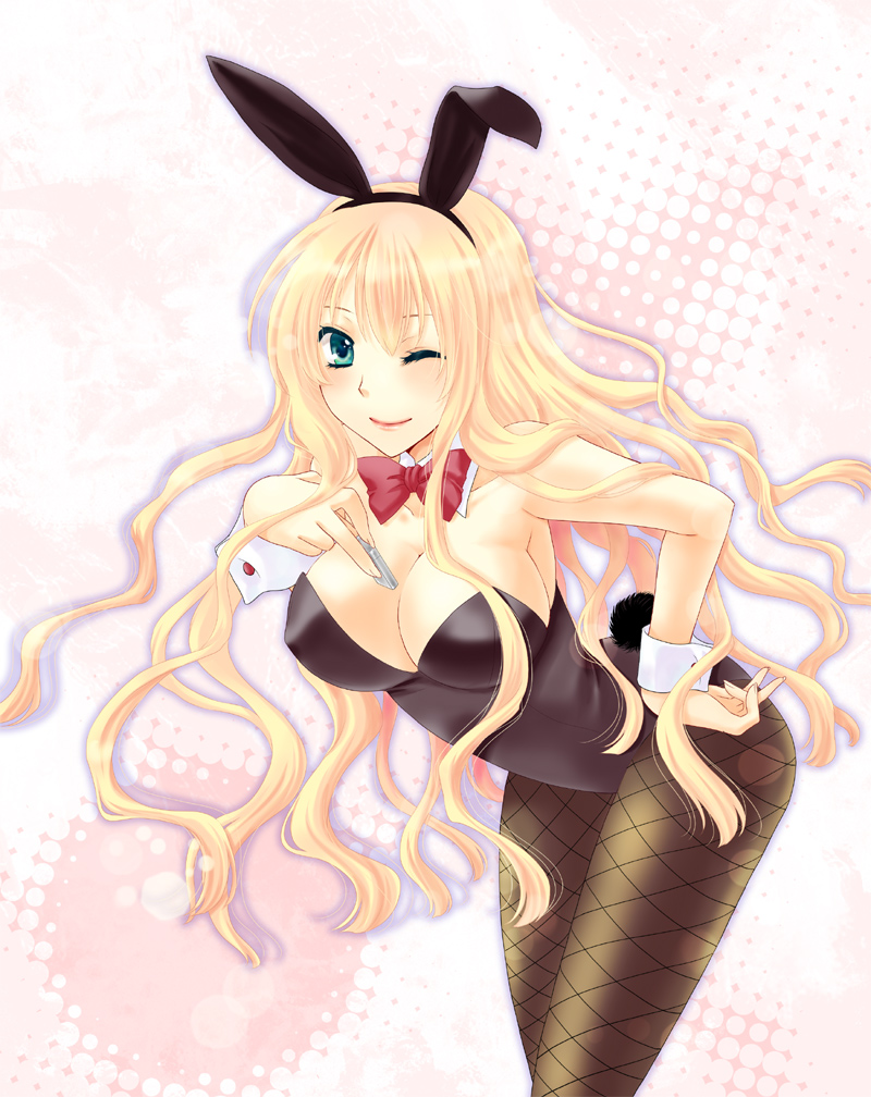 blonde_hair blue_eyes breasts bunny_ears bunnysuit cleavage fishnet_pantyhose fishnets leaning_forward original pantyhose sarasa-sasa solo wink