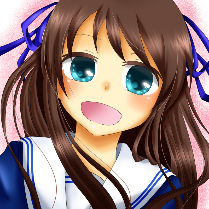 aqua_eyes brown_hair budou829 fruits_basket hair_ribbon honda_tohru honda_tooru ribbon school_uniform smile solo