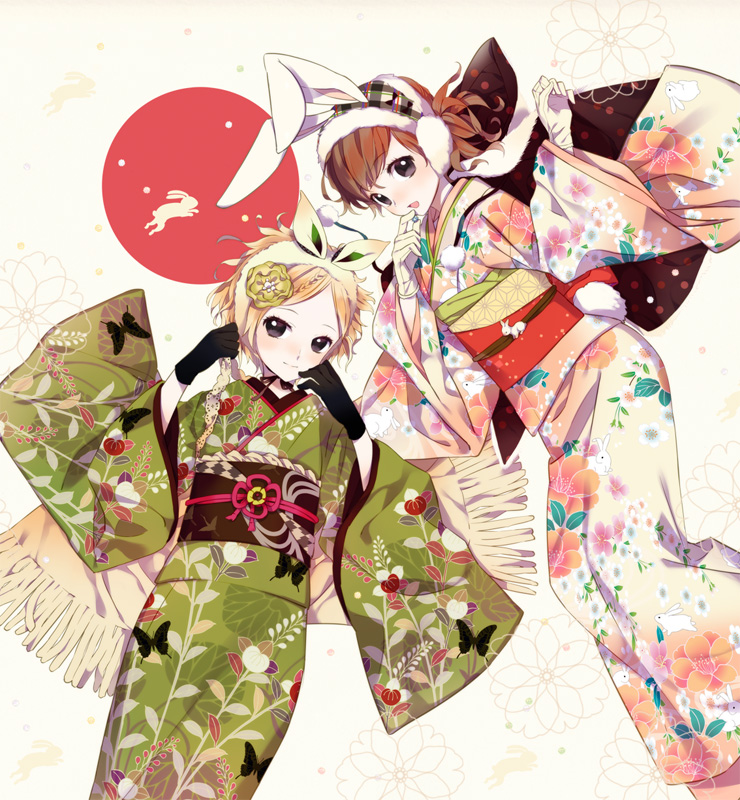 animal_ears bunny_ears earmuffs japanese_clothes kimono komagarita lying multiple_girls new_year original