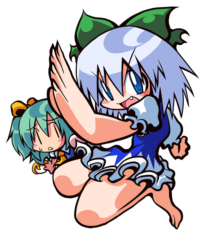 2girls barefoot blue_eyes blue_hair blush_stickers cirno daiyousei fang green_hair ichikai multiple_girls navel side_ponytail simple_background sweatdrop touhou