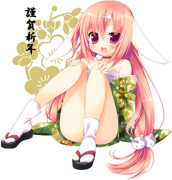 animal_ears bunny_ears long_hair new_year original pink_hair red_eyes sandals sazaki_ichiri solo tabi
