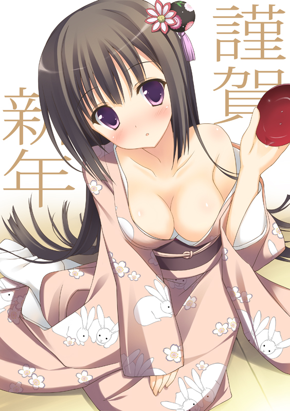 1girl breasts bunny character_request cleavage copyright_request down_blouse furisode hair_ornament japanese_clothes kimono long_hair nengajou new_year purple_eyes rabbit saeki_nao solo source_request translated violet_eyes