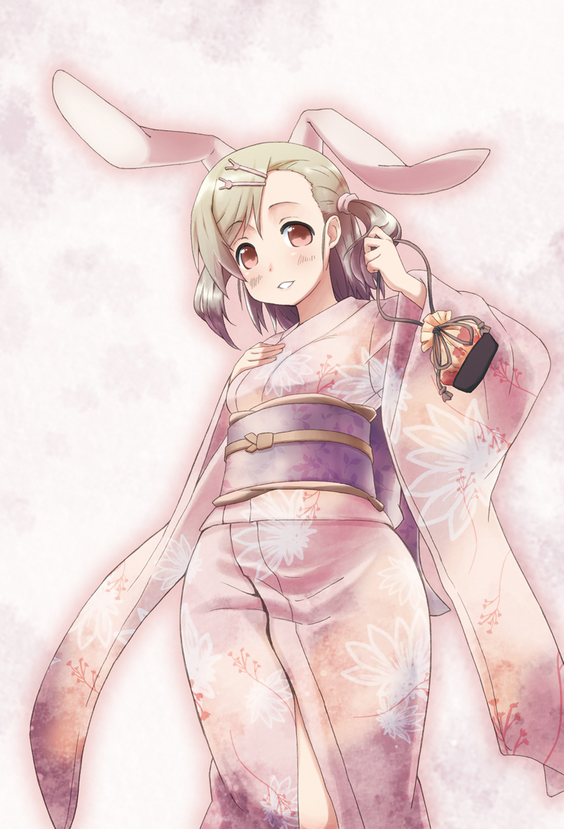 animal_ears blush brown_hair bunny_ears furisode hair_ornament hairclip highres japanese_clothes kimono kinchaku kirigaya_yuuji new_year original pouch red_eyes short_hair solo yukata