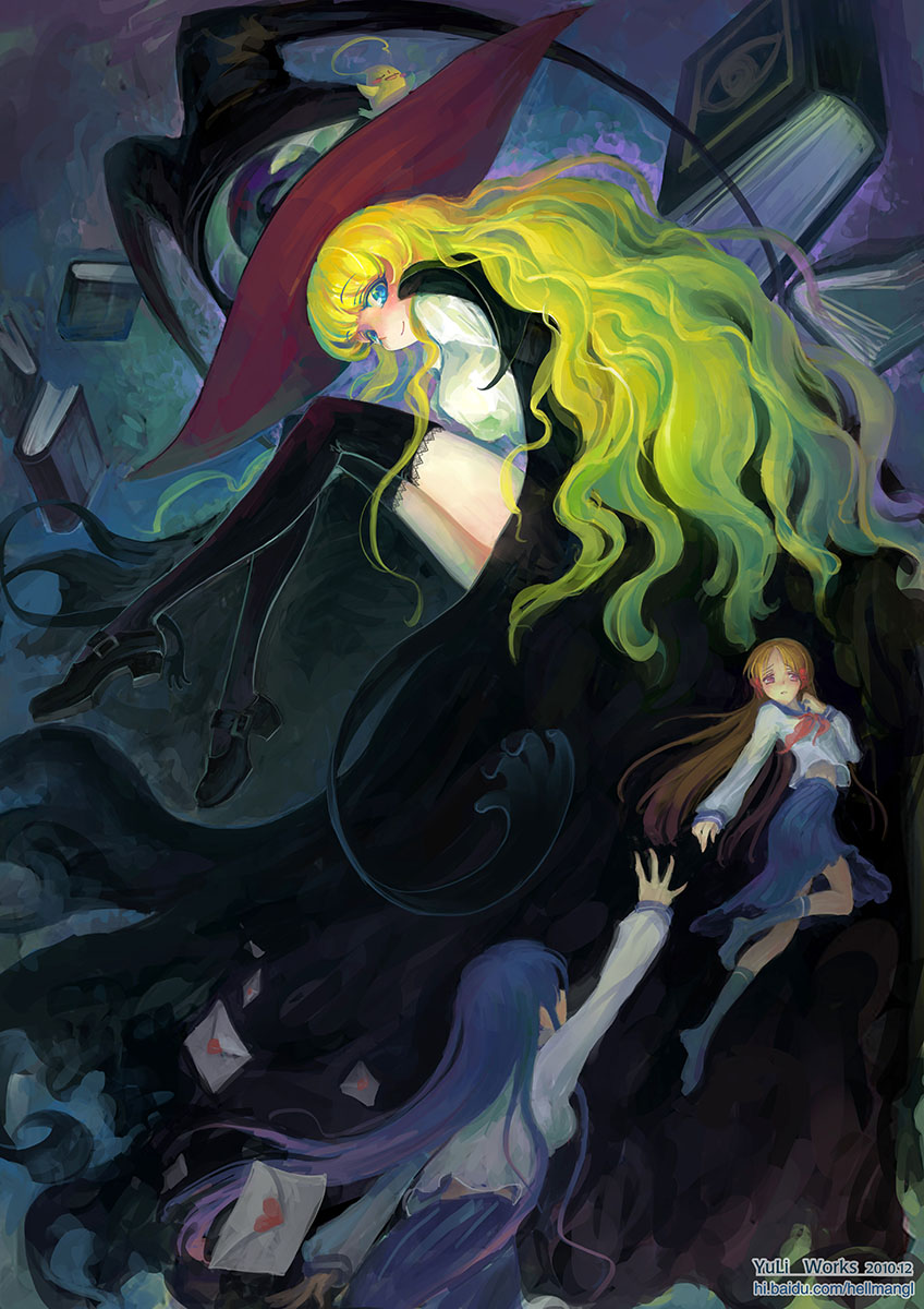 azuma_hatsumi azuma_hazuki bird black_legwear black_thighhighs blonde_hair blue_eyes blue_hair book cape darkness eyes faux_traditional_media from_behind hat highres ken-chan kneehighs legs letter lilith long_hair love_letter mary_janes multiple_girls outstretched_arm outstretched_hand pleated_skirt school_uniform serafuku shoes skirt speed_painting thigh-highs thighhighs wavy_hair witch_hat yami_to_boushi_to_hon_no_tabibito yu_li