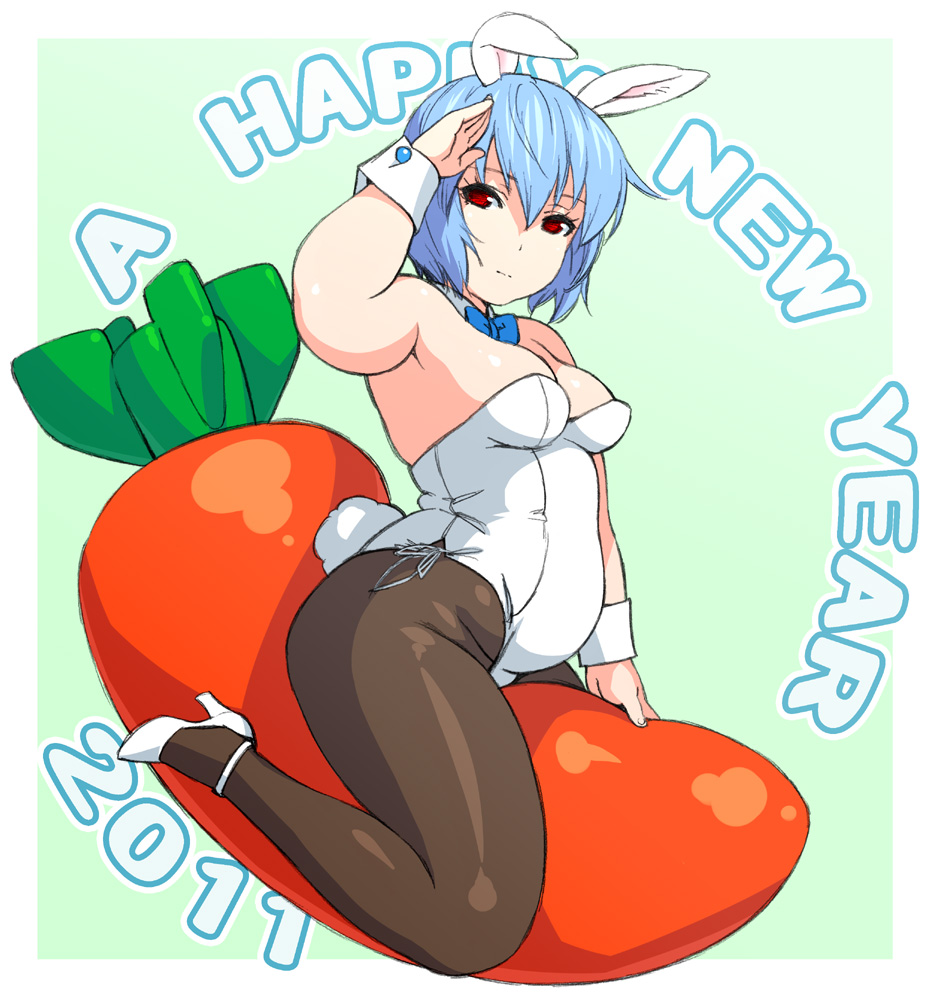 2011 animal_ears ayanami_rei blue_hair bunny_ears bunny_tail carrot chubby fat high_heels jinroku neon_genesis_evangelion new_year pantyhose plump red_eyes shoes short_hair solo tail wrist_cuffs