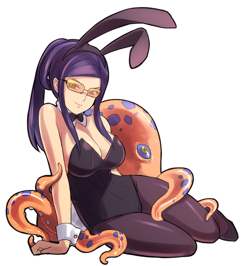 animal_ears artist_request breasts bunny_ears bunny_tail bunnysuit cleavage glasses jiayu_long octopus original pantyhose purple_hair red_eyes simple_background smile solo tail tentacles white_background wrist_cuffs