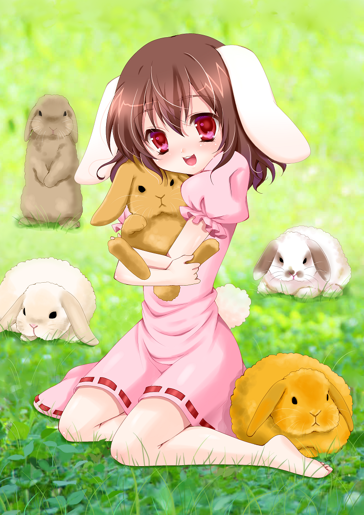animal_ears bad_id barefoot brown_hair bunny bunny_ears bunny_tail feet inaba_tewi momose_rin red_eyes short_hair sitting soles solo tail toes touhou