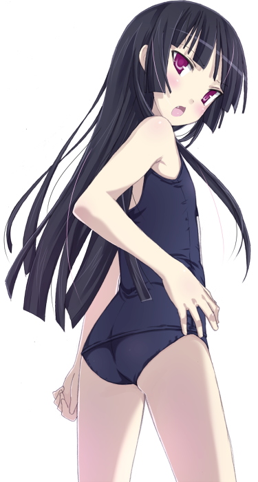 baby_princess black_hair fang ink_(artist) long_hair looking_back one-piece_swimsuit red_eyes school_swimsuit swimsuit urara_(baby_princess)