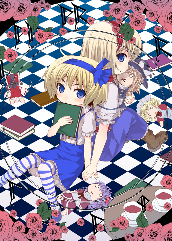 alice_margatroid alice_margatroid_(pc-98) back-to-back blonde_hair blue_eyes book boots capelet character_doll checkered checkered_background cup dual_persona flower hakurei_reimu kirisame_marisa maid multiple_girls pink_rose rose saucer shinki skirt striped striped_legwear striped_thighhighs suspenders teacup thighhighs time_paradox touhou touhou_(pc-98) urara_(ckt) yumeko