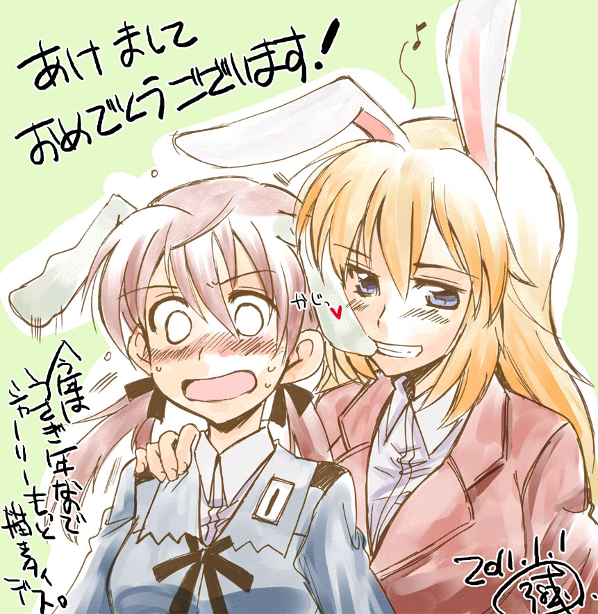 2girls animal_ears biting blue_eyes blush brown_hair bunny_ears charlotte_e_yeager dated ear_biting gertrud_barkhorn heart military military_uniform multiple_girls naughty_face orange_hair sanpatisiki signature strike_witches translation_request twintails uniform