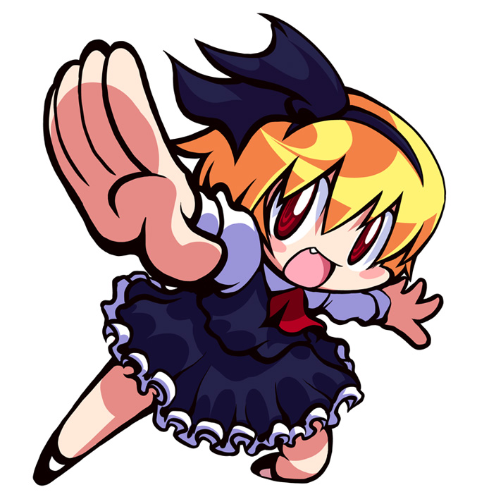 blonde_hair blush_stickers bow chibi fang frills hair_ribbon ichikai outstretched_arms red_eyes ribbon rumia short_hair simple_background solo spread_arms the_embodiment_of_scarlet_devil touhou youkai