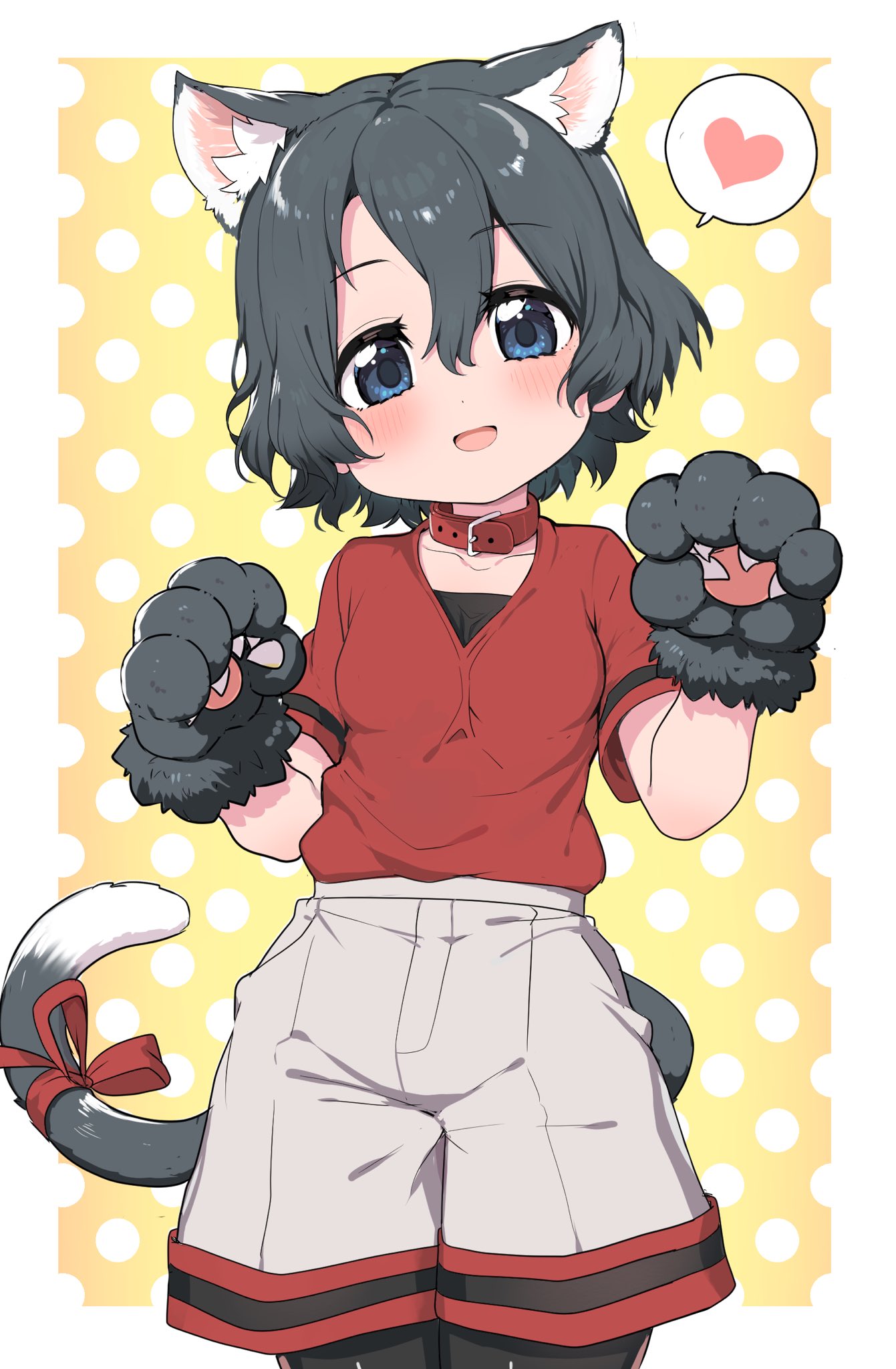 1girl :d animal_ear_fluff animal_ears animal_hands bangs black_hair black_legwear blue_eyes blush border breasts cat_ears cat_tail collar commentary_request eyebrows_visible_through_hair gloves gradient gradient_background grey_shorts hair_between_eyes hands_up head_tilt heart highres kaban_(kemono_friends) kemono_friends kemonomimi_mode looking_at_viewer no_hat no_headwear open_mouth orange_background outside_border pantyhose paw_gloves polka_dot polka_dot_background ransusan red_collar red_ribbon red_shirt ribbon shirt short_hair short_sleeves shorts simple_background small_breasts smile solo spoken_heart tail tail_ornament tail_ribbon white_border