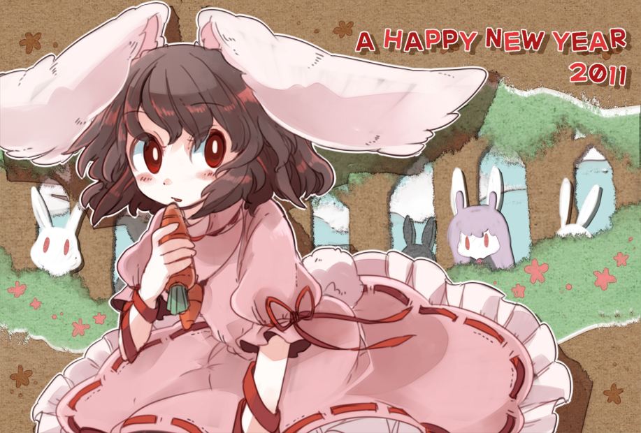 2girls animal_ears black_hair blush brown_hair bunny bunny_ears bunny_tail carrot chachi_(azuzu) chibi dress hiding inaba_tewi multiple_girls new_year rabbit red_eyes reisen_udongein_inaba ribbon short_hair tail touhou