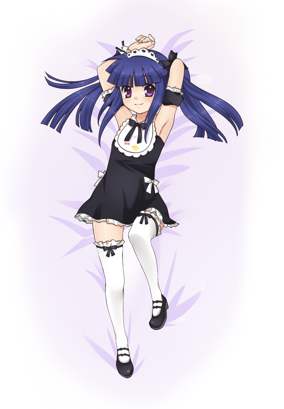 armpits blue_hair bow dakimakura dress furude_rika hair_bow hair_ribbon highres higurashi_no_naku_koro_ni lmo long_hair lying maid_headdress on_back purple_eyes ribbon skirt smile thigh-highs thighhighs twintails violet_eyes