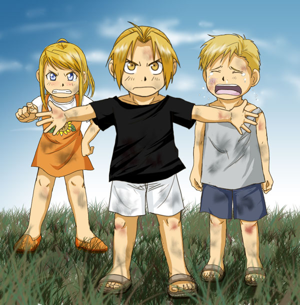 ahoge alphonse_elric amber_eyes angry blonde_hair blue_eyes brown_eyes child crying dress edward_elric fullmetal_alchemist golden_eyes group long_hair ponytail short_hair shorts winry_rockbell yellow_eyes young