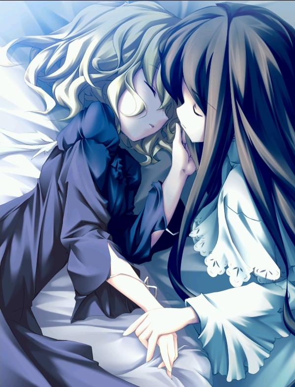 angelina_rocca bed belle closed_eyes fue_(tsuzuku) holding_hands katahane multiple_girls sleeping wings yuri