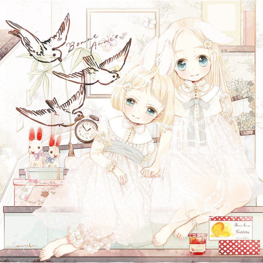 animal_ears bad_id barefoot bird bunny_ears clock dress machiba_riku multiple_girls original sitting