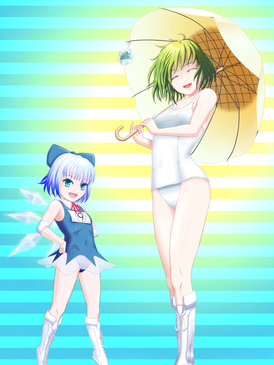 :d ? adapted_costume akizawa_tenma blue_eyes blue_hair boots bow cirno closed_eyes clothed_navel cross-laced_footwear elbow_pads frog frozen green_hair hair_bow hands_on_hips highres kazami_yuuka lace-up_boots multiple_girls name_tag one-piece_swimsuit open_mouth school_swimsuit short_hair smile striped striped_background swimsuit tag_dream tiptoes touhou umbrella white_school_swimsuit wings wrestling_outfit youkai Ã¢â€˜Â¨ Ã©ÂÂ¶Ã¯Â½Â­Ã£Æ’Â»Ã¯Â½Â¨ â‘¨
