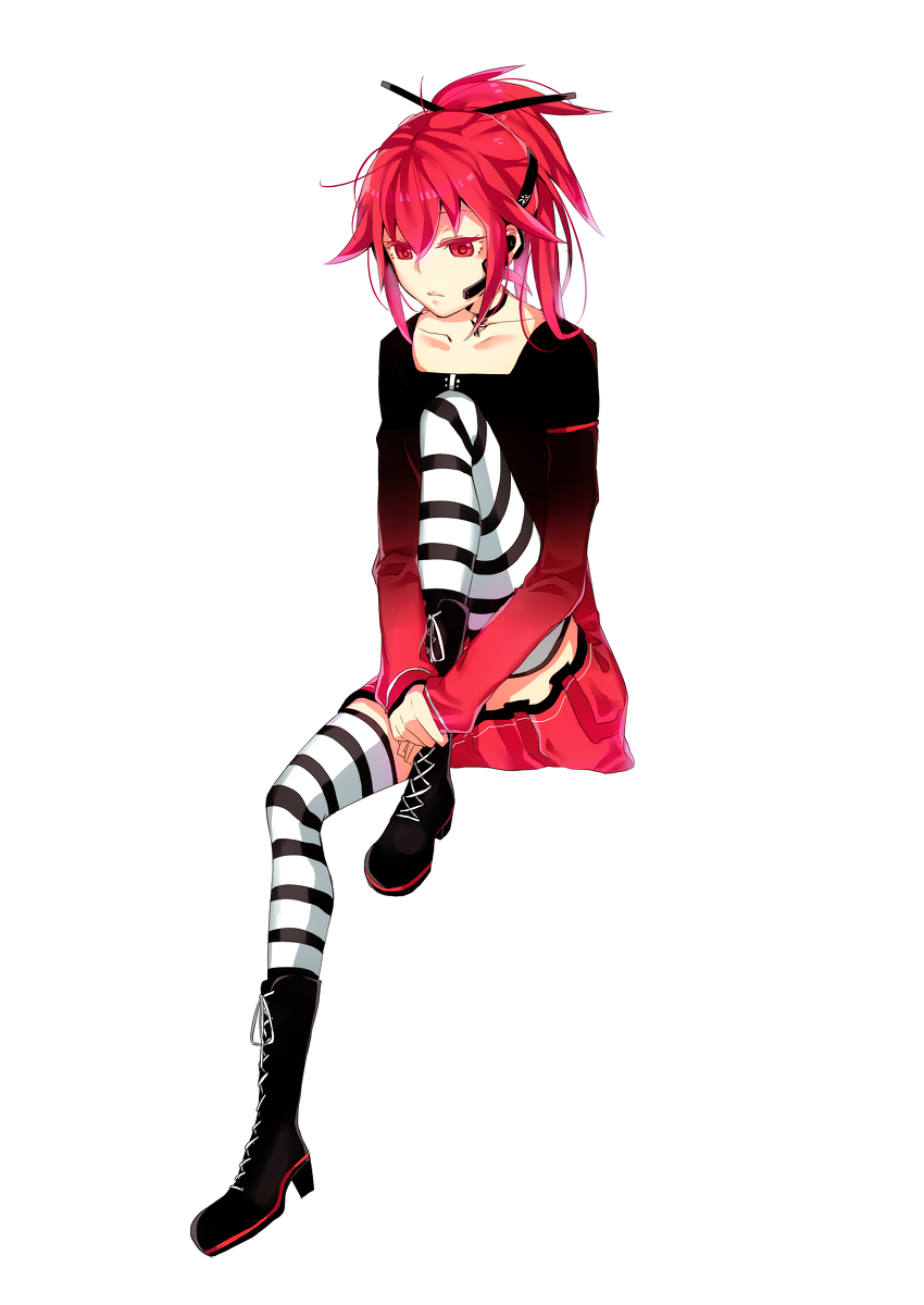 boots cul dress headphones highres long_hair ponytail red_eyes red_hair redhead simple_background sitting solo striped striped_legwear striped_thighhighs thigh-highs thighhighs vient vocaloid vy1