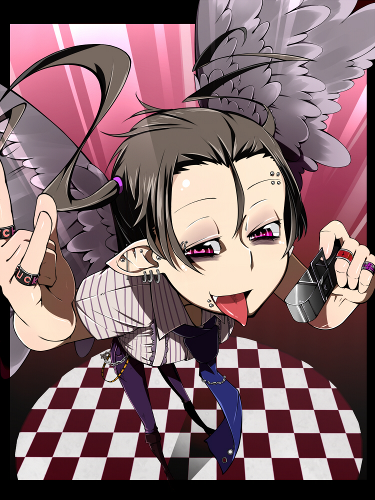 alternate_costume alternate_hairstyle black_hair checkered checkered_floor eyebrow_piercing eyelid_piercing face foreshortening hata-tan himekaidou_hatate koutamii lip_piercing piercing pink_eyes pointy_ears purple_eyes solo standing tongue touhou violet_eyes wings
