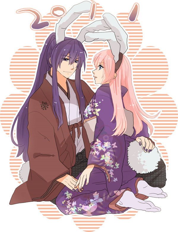 1girl 2011 animal_ears blue_eyes bunny_ears couple irono_yoita japanese_clothes kamui_gakupo kimono long_hair megurine_luka pink_hair purple_hair smile tail tyanpon vocaloid