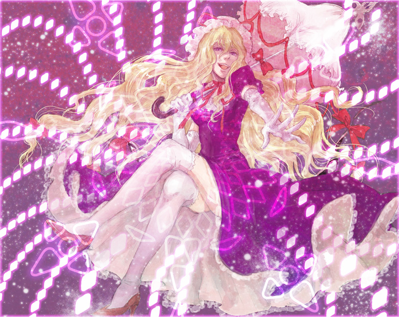 bad_id blonde_hair bow crossed_legs danmaku dress elbow_gloves gloves hachitaba_(melanc6ly) hair_bow high_heels legs_crossed long_hair open_mouth outstretched_hand purple purple_eyes shoes sitting smile solo thigh-highs thighhighs touhou umbrella very_long_hair violet_eyes white_legwear white_thighhighs yakumo_yukari